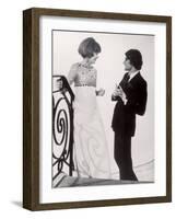 Fashion Designer Yves Saint Laurent Talking with Client Mrs. Stanley Donen at His Boutique-Pierre Boulat-Framed Premium Photographic Print