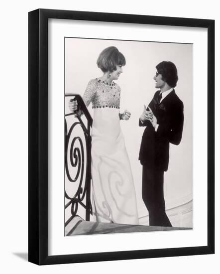 Fashion Designer Yves Saint Laurent Talking with Client Mrs. Stanley Donen at His Boutique-Pierre Boulat-Framed Premium Photographic Print