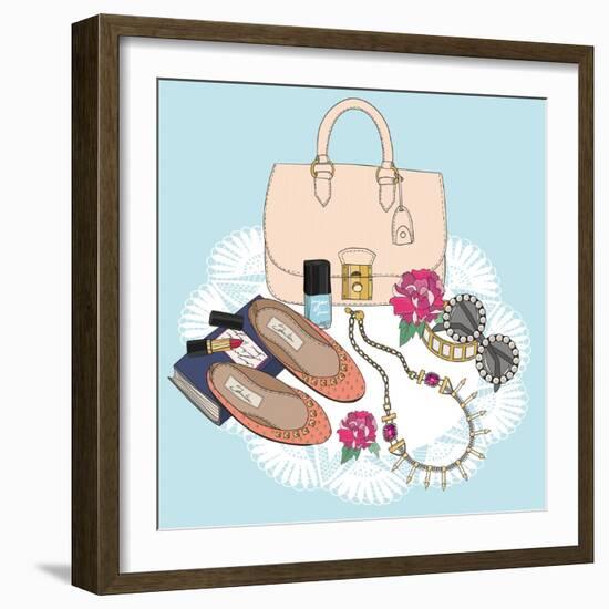 Fashion Essentials. Background with Bag, Sunglasses, Shoes, Jewelery, Makeup and Flowers.-cherry blossom girl-Framed Art Print