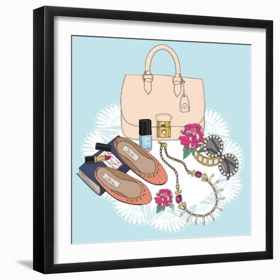 Fashion Essentials. Background with Bag, Sunglasses, Shoes, Jewelery, Makeup and Flowers.-cherry blossom girl-Framed Art Print