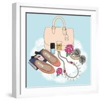 Fashion Essentials. Background with Bag, Sunglasses, Shoes, Jewelery, Makeup and Flowers.-cherry blossom girl-Framed Art Print