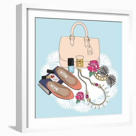 Fashion Essentials. Background with Bag, Sunglasses, Shoes, Jewelery, Makeup and Flowers.-cherry blossom girl-Framed Art Print