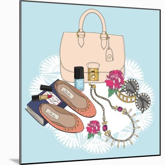 Fashion Essentials. Background with Bag, Sunglasses, Shoes, Jewelery, Makeup and Flowers.-cherry blossom girl-Mounted Art Print
