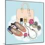 Fashion Essentials. Background with Bag, Sunglasses, Shoes, Jewelery, Makeup and Flowers.-cherry blossom girl-Mounted Art Print