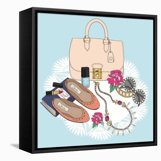 Fashion Essentials. Background with Bag, Sunglasses, Shoes, Jewelery, Makeup and Flowers.-cherry blossom girl-Framed Stretched Canvas