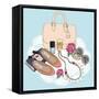 Fashion Essentials. Background with Bag, Sunglasses, Shoes, Jewelery, Makeup and Flowers.-cherry blossom girl-Framed Stretched Canvas