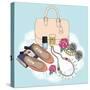 Fashion Essentials. Background with Bag, Sunglasses, Shoes, Jewelery, Makeup and Flowers.-cherry blossom girl-Stretched Canvas