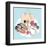 Fashion Essentials. Background with Bag, Sunglasses, Shoes, Jewelery, Makeup and Flowers.-cherry blossom girl-Framed Art Print