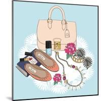 Fashion Essentials. Background with Bag, Sunglasses, Shoes, Jewelery, Makeup and Flowers.-cherry blossom girl-Mounted Art Print