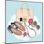 Fashion Essentials. Background with Bag, Sunglasses, Shoes, Jewelery, Makeup and Flowers.-cherry blossom girl-Mounted Art Print