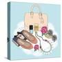 Fashion Essentials. Background with Bag, Sunglasses, Shoes, Jewelery, Makeup and Flowers.-cherry blossom girl-Stretched Canvas