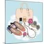 Fashion Essentials. Background with Bag, Sunglasses, Shoes, Jewelery, Makeup and Flowers.-cherry blossom girl-Mounted Art Print