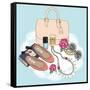 Fashion Essentials. Background with Bag, Sunglasses, Shoes, Jewelery, Makeup and Flowers.-cherry blossom girl-Framed Stretched Canvas