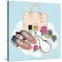 Fashion Essentials. Background with Bag, Sunglasses, Shoes, Jewelery, Makeup and Flowers.-cherry blossom girl-Stretched Canvas