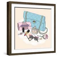 Fashion Essentials. Background with Bag, Sunglasses, Shoes, Jewelery, Perfume, Makeup and Flowers.-cherry blossom girl-Framed Art Print