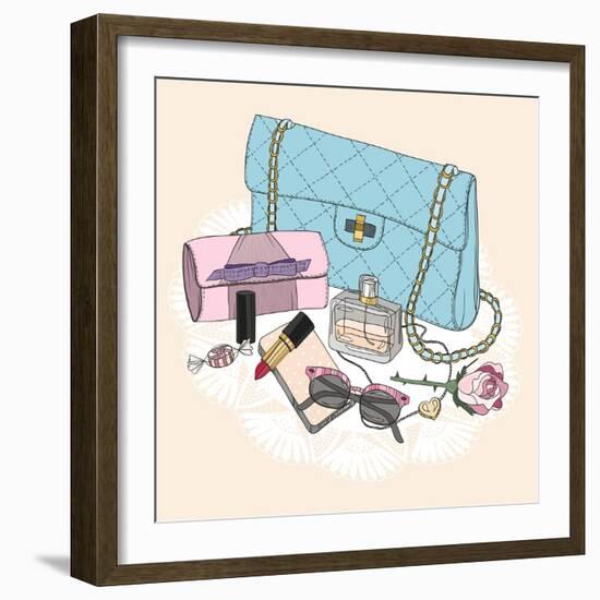Fashion Essentials. Background with Bag, Sunglasses, Shoes, Jewelery, Perfume, Makeup and Flowers.-cherry blossom girl-Framed Art Print