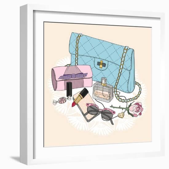 Fashion Essentials. Background with Bag, Sunglasses, Shoes, Jewelery, Perfume, Makeup and Flowers.-cherry blossom girl-Framed Art Print