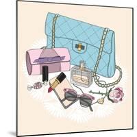 Fashion Essentials. Background with Bag, Sunglasses, Shoes, Jewelery, Perfume, Makeup and Flowers.-cherry blossom girl-Mounted Art Print