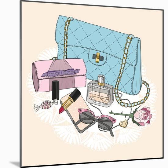 Fashion Essentials. Background with Bag, Sunglasses, Shoes, Jewelery, Perfume, Makeup and Flowers.-cherry blossom girl-Mounted Art Print