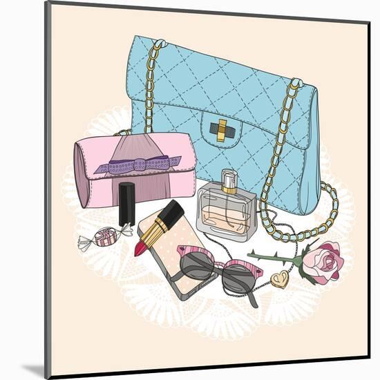 Fashion Essentials. Background with Bag, Sunglasses, Shoes, Jewelery, Perfume, Makeup and Flowers.-cherry blossom girl-Mounted Art Print