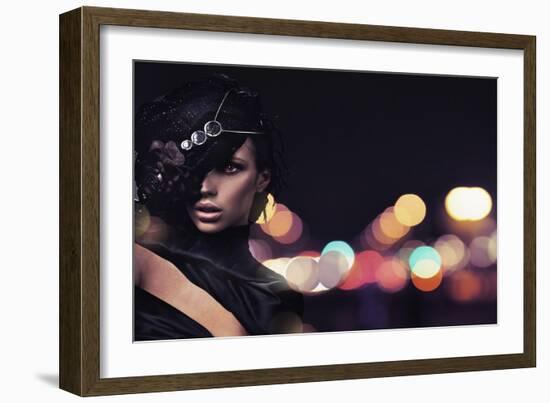 Fashion Lady Over City Background-conrado-Framed Art Print