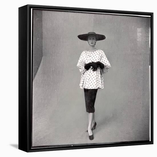 Fashion Model Showing Polka Dotted Smock Top over Black Skirt by Balenciaga-Gordon Parks-Framed Stretched Canvas