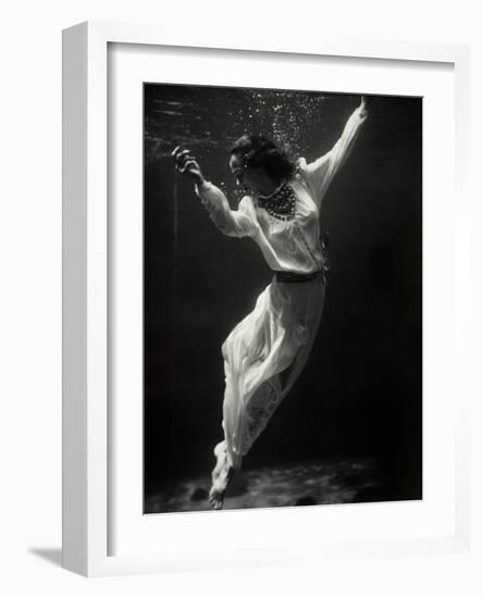 Fashion Model Underwater in Dolphin Tank-null-Framed Photographic Print