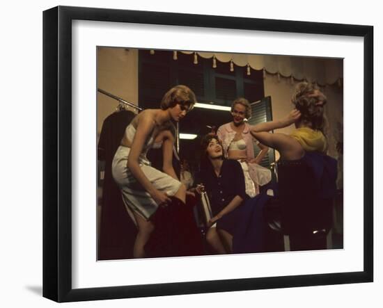 Fashion Models after a David Crystal Show Backstage, New York, New York, 1960-Walter Sanders-Framed Photographic Print