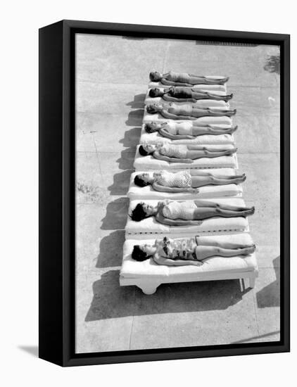 Fashion Models Wearing Swimsuits at a Florida Pool-Lisa Larsen-Framed Stretched Canvas