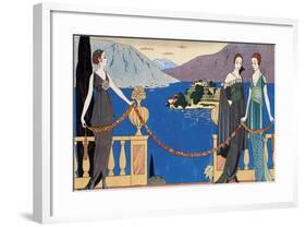 Fashion Plate Depicting Ladies in Redfern Evening Dress and Borromean Isola Bella in the Background-null-Framed Giclee Print