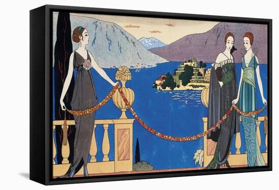 Fashion Plate Depicting Ladies in Redfern Evening Dress and Borromean Isola Bella in the Background-null-Framed Stretched Canvas