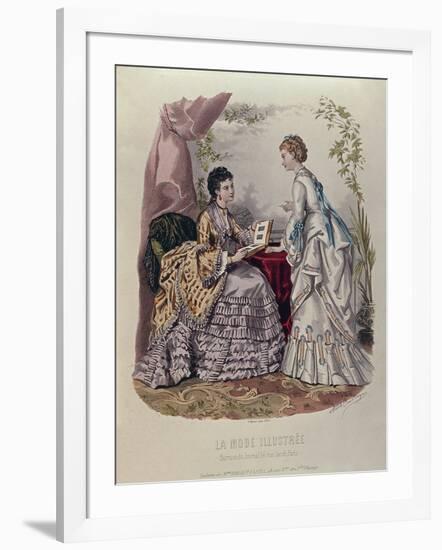 Fashion Plate Showing Ladies in Dresses Designed by Mme Breant-Castel and Looking at Photo Albums-French School-Framed Giclee Print