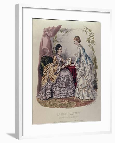 Fashion Plate Showing Ladies in Dresses Designed by Mme Breant-Castel and Looking at Photo Albums-French School-Framed Giclee Print