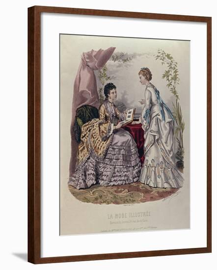 Fashion Plate Showing Ladies in Dresses Designed by Mme Breant-Castel and Looking at Photo Albums-French School-Framed Giclee Print