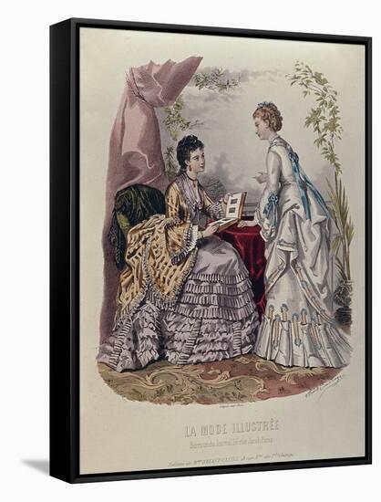 Fashion Plate Showing Ladies in Dresses Designed by Mme Breant-Castel and Looking at Photo Albums-French School-Framed Stretched Canvas