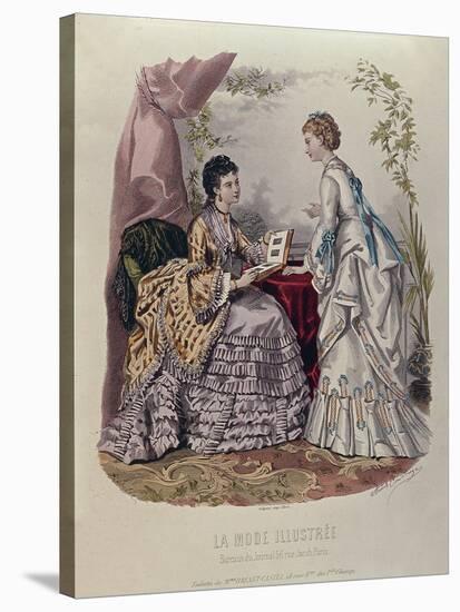 Fashion Plate Showing Ladies in Dresses Designed by Mme Breant-Castel and Looking at Photo Albums-French School-Stretched Canvas