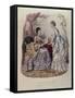 Fashion Plate Showing Ladies in Dresses Designed by Mme Breant-Castel and Looking at Photo Albums-French School-Framed Stretched Canvas