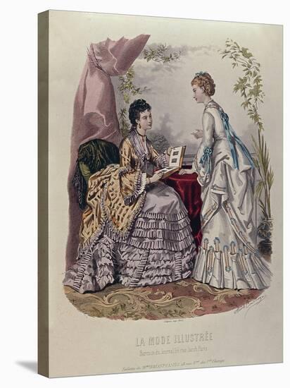 Fashion Plate Showing Ladies in Dresses Designed by Mme Breant-Castel and Looking at Photo Albums-French School-Stretched Canvas