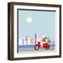 Fashionable Hipster Cat On A Vintage Scooter In A City- Illustration-run4it-Framed Art Print