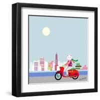 Fashionable Hipster Cat On A Vintage Scooter In A City- Illustration-run4it-Framed Art Print