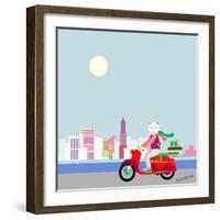 Fashionable Hipster Cat On A Vintage Scooter In A City- Illustration-run4it-Framed Art Print