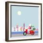 Fashionable Hipster Cat On A Vintage Scooter In A City- Illustration-run4it-Framed Art Print