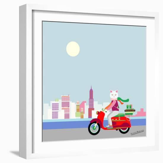 Fashionable Hipster Cat On A Vintage Scooter In A City- Illustration-run4it-Framed Art Print