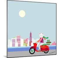 Fashionable Hipster Cat On A Vintage Scooter In A City- Illustration-run4it-Mounted Art Print