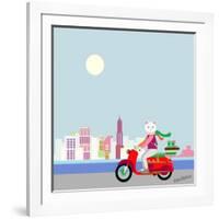 Fashionable Hipster Cat On A Vintage Scooter In A City- Illustration-run4it-Framed Art Print