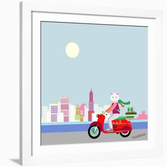 Fashionable Hipster Cat On A Vintage Scooter In A City- Illustration-run4it-Framed Art Print