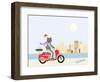 Fashionable Hipster Cat On A Vintage Scooter In A City- Illustration-run4it-Framed Art Print