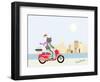 Fashionable Hipster Cat On A Vintage Scooter In A City- Illustration-run4it-Framed Art Print