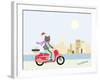 Fashionable Hipster Cat On A Vintage Scooter In A City- Illustration-run4it-Framed Art Print