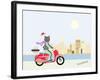 Fashionable Hipster Cat On A Vintage Scooter In A City- Illustration-run4it-Framed Art Print